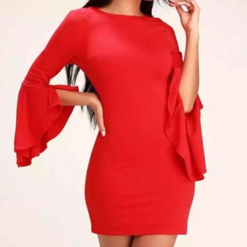 Lulu's Gimme Some Flair Red Flounce Sleeve Bodycon Dress, size Medium